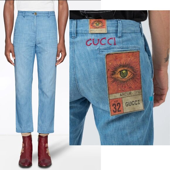 GUCCI MENS JEANS BLEACHED DENIM CHINO PANTS POSTCARD LABEL w LOGO sz 32 S SMALL - Picture 1 of 12